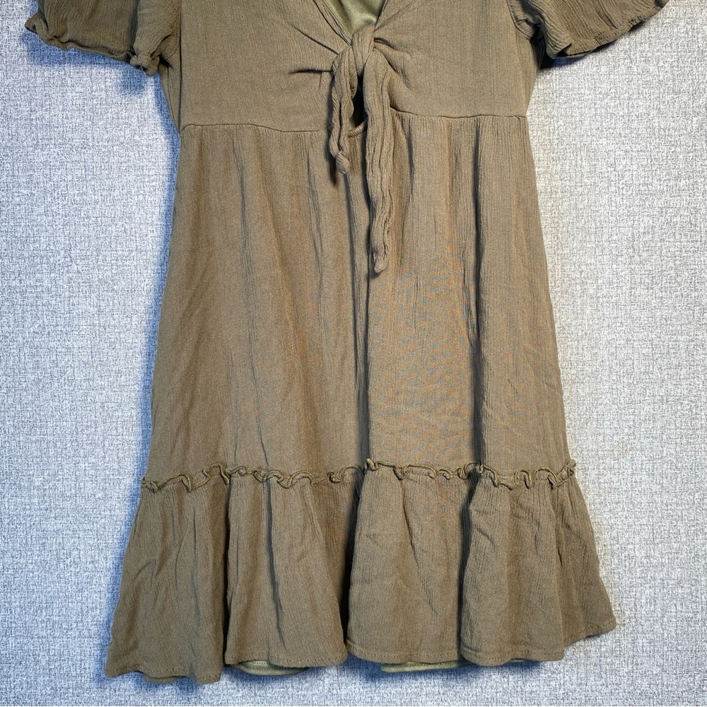 Altar’d State Small Women’s Babydoll Tiered Mini Dress Front Tie Olive Green - Picture 3 of 6